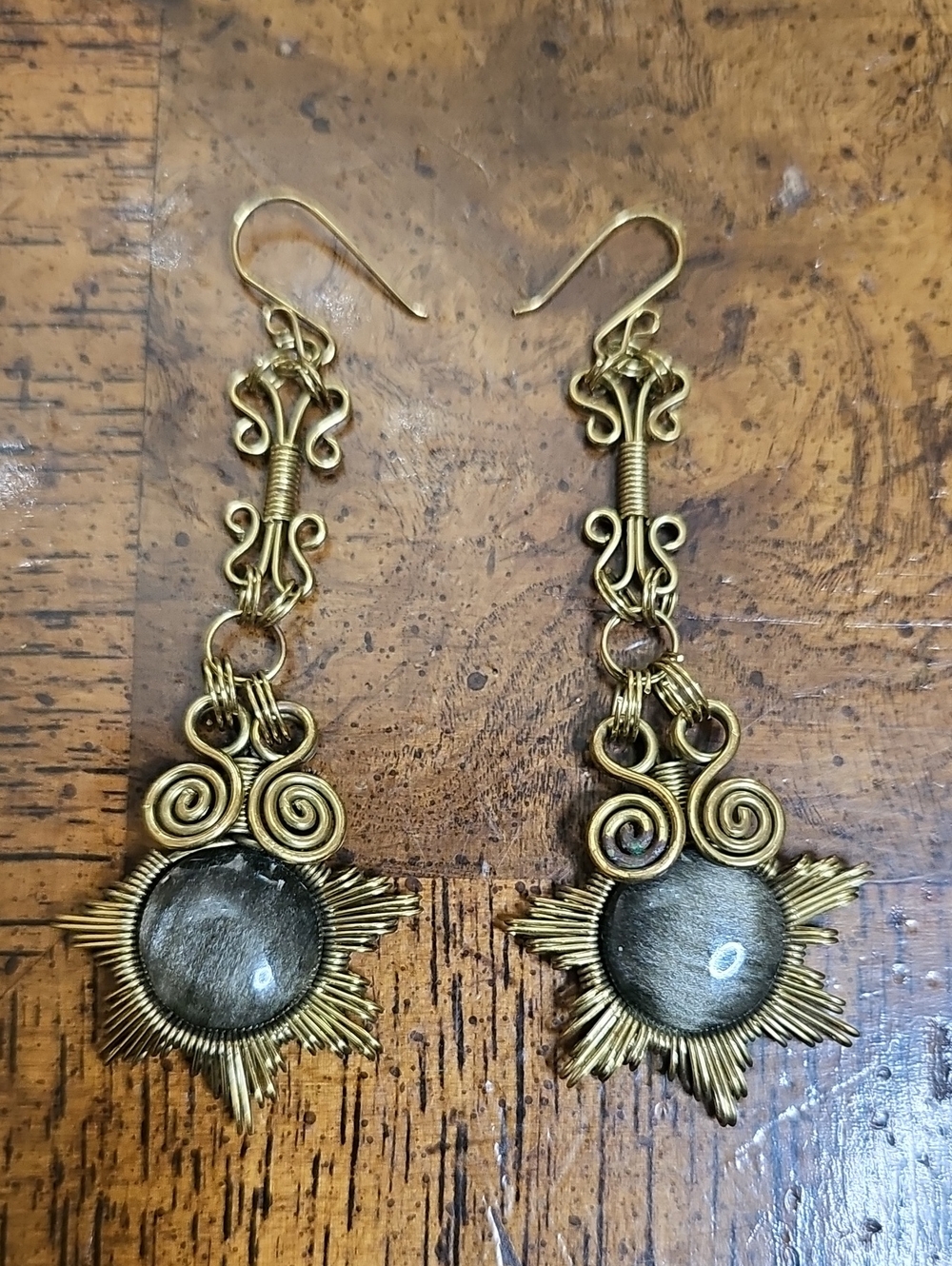 Gold-Tone Sunburst Dangle Earrings with Dark Gray Stone - Picture 1 of 7